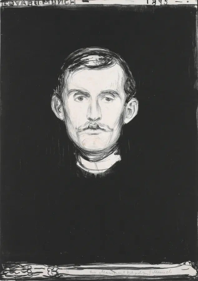 A lithographed self-portrait: a face lit against a black ground, the artist’s name and the date lettered along the top edge.